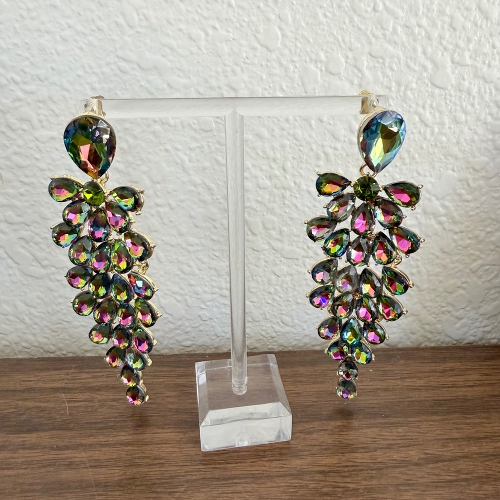 Chandelier Rhinestone Crystal Pageant Bridal Earrings AB Drop Dangle 4" Green - Picture 1 of 10